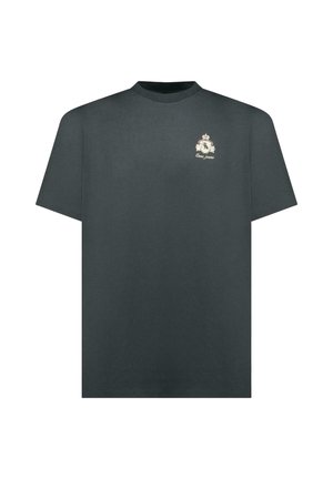 Donkergrijs katoenen T-shirt met korte mouwen, een ronde hals en een klein wit geborduurd logo op de linkerborst.