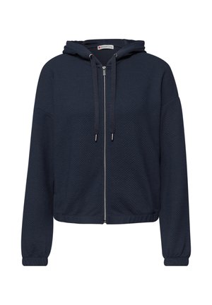 Marineblauer Kapuzenpullover mit durchgehendem Reißverschluss, verstellbarer Kordel am Kapuzenrand, langen Ärmeln und elastischen Bündchen.