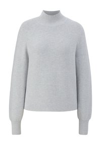 Helles grauer Pullover mit einem hohen gerippten Kragen, langen Ärmeln und einem lässigen Schnitt. Hergestellt aus einem weichen Strickstoff mit einer glatten Textur.