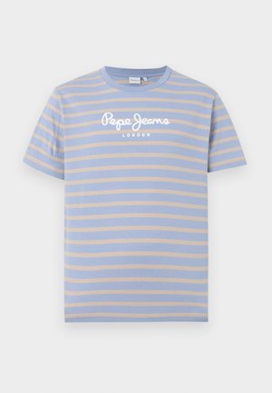 Pruhované tričko v svetlomodrej a béžovej farbe, vyrobené z mäkkého bavlneného materiálu. Má okrúhly výstrih a biele logo "Pepe Jeans London" na prednej strane.