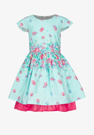 Svetle modré květinové šaty s krátkými rukávy a nařasenou sukní. Obsahují růžovou podšívku, zdobenou motýly a různými květinami.