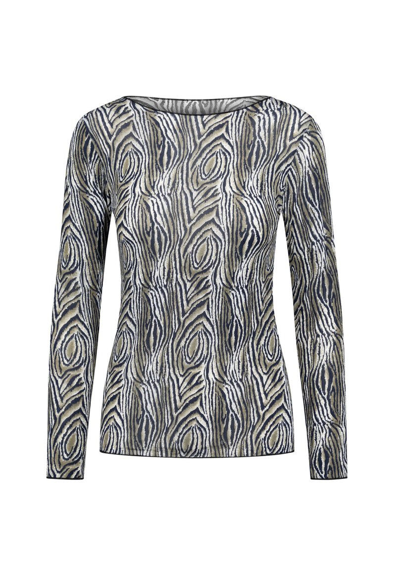 Maglietta a maniche lunghe con un motivo astratto texture in beige e blu, con scollatura ampia e design slim-fit.