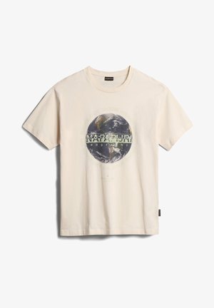 Cremefarbenes Baumwoll-T-Shirt mit einer Grafik der Erde und dem Schriftzug "Napapijri". Kurzärmlig, Rundhalsausschnitt, bequeme Passform und ein seitliches Etikett.