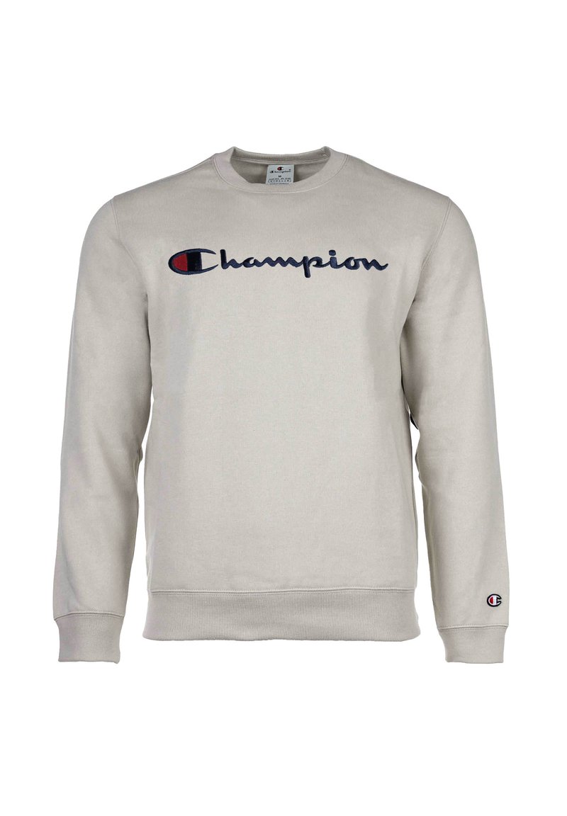 Sudadera gris claro fabricada en una mezcla de algodón, con un logo en marino "Champion" en el pecho y un pequeño parche con el logo en la manga izquierda.