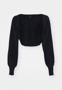 Black cropped sweater with textured fabric, long sleeves, and a wide neckline. Features ribbed pattern throughout and a relaxed fit.