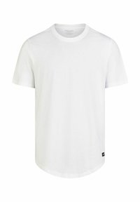 T-shirt in cotone bianco con scollo rotondo, maniche corte, orlo dritto e un piccolo etichetta logo nera sul lato sinistro in basso.