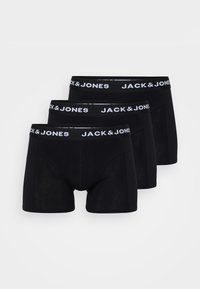 Schwarze Boxer-Shorts im Dreierpack. Aus weichem Material, mit einem schwarzen Bund und dem weißen "JACK & JONES"-Logo sowie kontrastierenden Nähten.