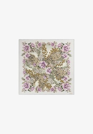 Square silk scarf featuring floral and leopard print designs in soft lavender and green tones, with intricate detailing and textures.