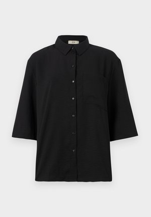 Schwarzes kurzärmliges Hemd mit Knopfleiste aus leichtem Stoff. Verfügt über einen klassischen Kragen und eine einzelne Brusttasche. Glatte Textur.