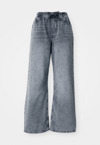 Grå bredbukser i denim med elastisk linning, snor i livet og sidelommer. Falmet tekstur gjennom hele stoffet.