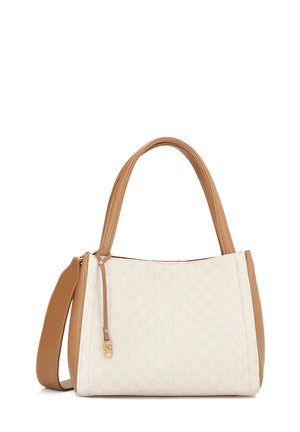 Beżowa torebka z teksturowanym kremowym panelem z subtelnym wzorem logo. Brązowe skórzane akcenty z podwójnymi uchwytami i odpinanym paskiem na ramię.