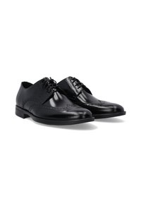 Schwarze Leder-Dressschuhe mit polierter Oberfläche, Brogue-Details, Schnürverschluss und runder Zehenform. Flacher Absatz.
