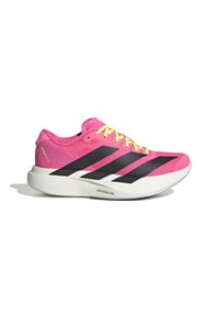 Pink athletic shoe with black stripes, featuring a lightweight design and textured upper. Vibrant yellow laces and a white midsole.