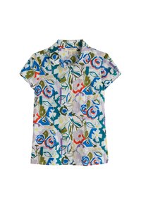 Short-sleeve collared shirt featuring a multi-colored floral print on a light background. Made of lightweight fabric with a smooth texture.