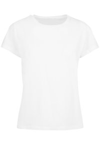 White cotton t-shirt with a crew neck, short sleeves, and a fitted shape. Smooth texture, no designs or patterns. Classic, simple style.