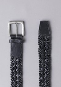 Braided black leather belt with a silver metal buckle, featuring a smooth leather tip and a textured woven design along its length.