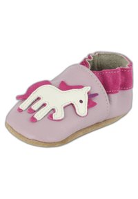 Rosa Lederschuhe mit einem weißen Einhorn-Motiv und rosa Filz-Akzenten. Verfügt über ein gepolstertes Innenleben und eine weiche Sohle.