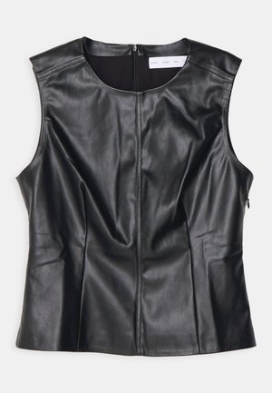 Black leather sleeveless top with a round neckline, front seams, and a back zipper. Smooth texture with a fitted silhouette.