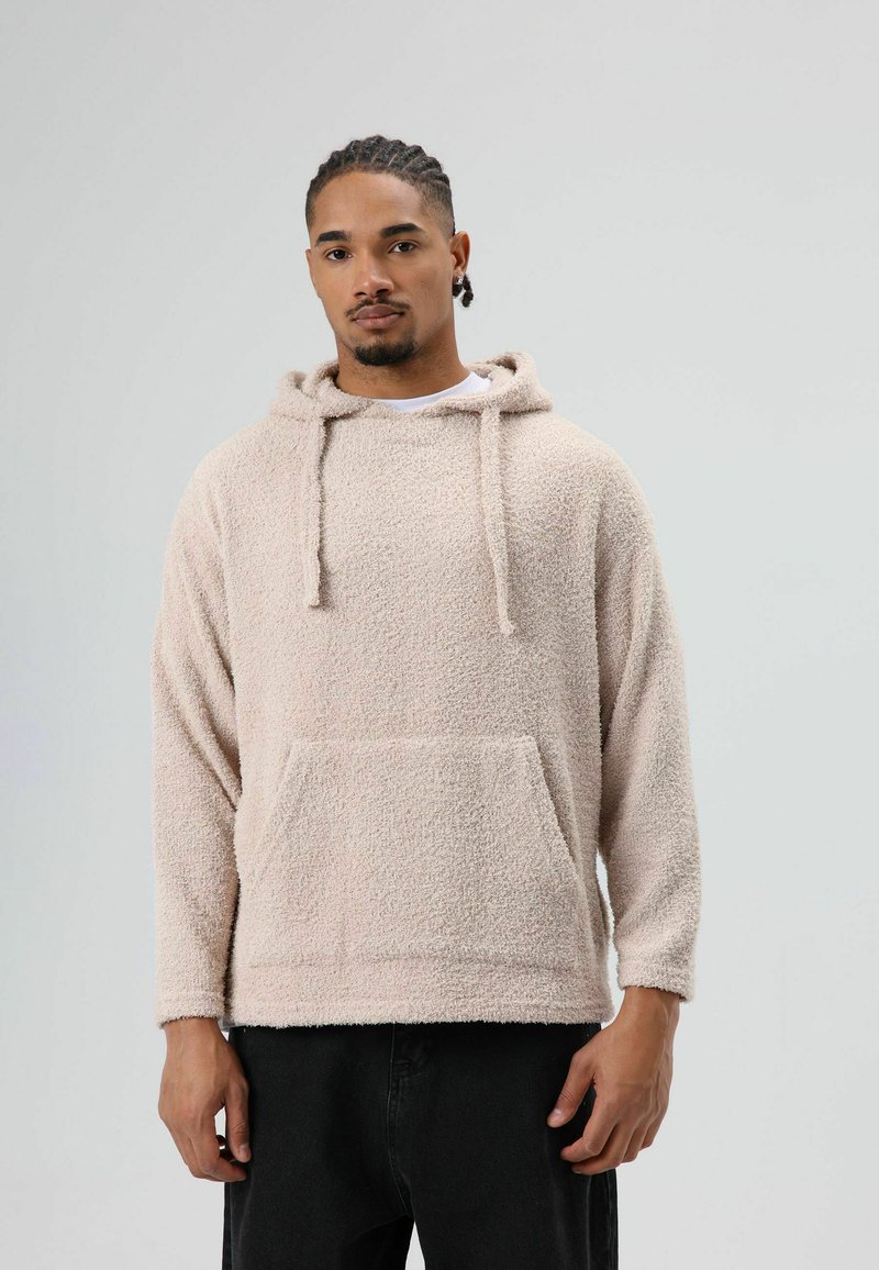 Lichtbeige hoodie van gestructureerd fleece, met een voorzak, capuchon met trekkoord en lange mouwen.