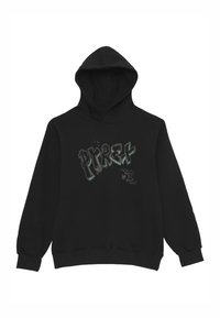 Felpa nera con cappuccio caratterizzata da testo in stile graffiti verde. Materiale morbido, maniche lunghe e polsini a coste, con una vestibilità ampia.