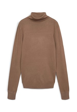 Maglione a collo alto marrone realizzato in morbido materiale a maglia, con maniche lunghe e dettagli a coste sul colletto e sull'orlo.