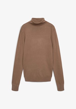 Maglione a collo alto marrone realizzato in morbido materiale a maglia, con maniche lunghe e dettagli a coste sul colletto e sull'orlo.