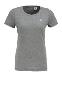 Šedé sportovní tričko s krátkým rukávem Adidas s perforovanou horní tkaninou a malým bílým logem Adidas na levé hrudi.