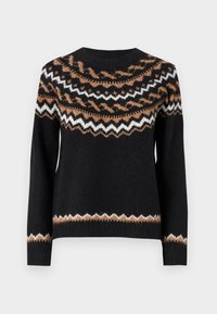 Pull noir tricoté à col rond, présentant un motif géométrique en brun, blanc et orange sur le yoke et l'ourlet inférieur.