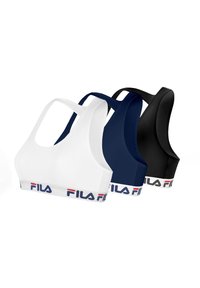 Trois brassières de sport FILA en blanc, marine et noir avec un design dos nageur et des bandes élastiques de marque en bas.