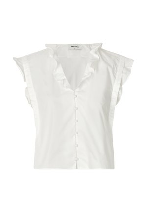 Witte blouse met korte mouwen, voorzien van een gerimpelde halslijn en knoopsluiting aan de voorkant. Gemaakt van een gladde stof met een zachte textuur, met een losse pasvorm.