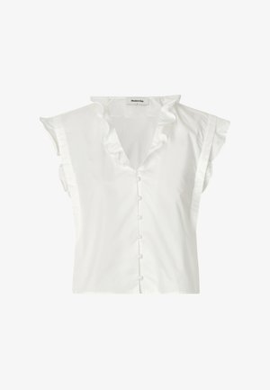 Bijela bluzica kratkih rukava s naboranim izrezom i kopčanjem sprijeda. Izrađena od glatkog materijala s mekanom teksturom, s ležernim krojem.