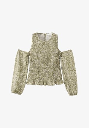 Haut vert à motifs avec détails smockés, épaules dénudées et manches longues à volants. Présente un col rond et une fermeture au dos avec ouverture en trou de serrure.