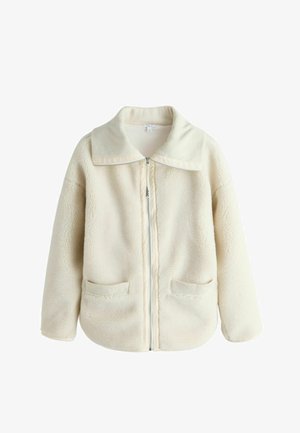 Jachetă din fleece de culoare ecru, cu guler mare, fermoar frontal și două buzunare frontale; textură moale cu un aspect confortabil.