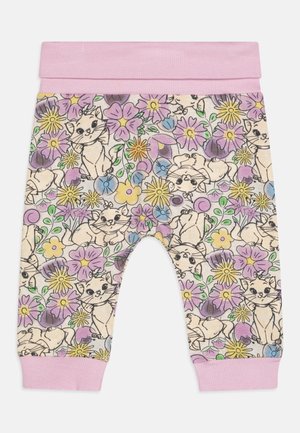 Cotton leggings with a floral and kitten print, cream background, elastic pink waistband, and ribbed ankle cuffs.