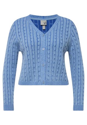 Helles blaues Kabelstrick-Cardigan mit V-Ausschnitt, Knopfleiste, gerippten Bündchen und Saum. Die strukturierte Musterung verleiht Tiefe.