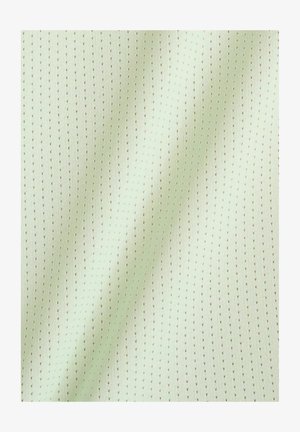 Tela verde claro con una sutil textura y pequeños puntos marrones distribuidos de manera uniforme, creando un patrón geométrico. Apariencia suave y lisa.