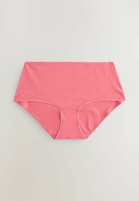 Rosa Baumwollunterwäsche mit hohem Bund, glattem Texture und kontrastierenden Nähten entlang der Kanten.