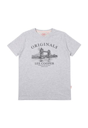 T-shirt à manches courtes gris clair avec un graphisme noir du Tower Bridge, le texte "ORIGINALS" au-dessus, et "LEE COOPER London is in our jeans" en dessous.