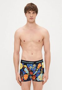 Boxers noirs avec motifs colorés de crânes et de fleurs, comprenant une ceinture élastique avec le logo "JACK & JONES".
