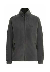 Grå fleecejakke med høj krave, fuld lynlås og to lynlåslommer i siderne. Med et diskret logo på venstre bryst.