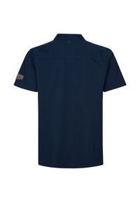 Donkerblauwe korte mouwen shirt van gladde stof, met een kraag en een klein merkembleem op de linker mouw.
