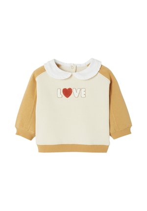 Creme Sweatshirt mit gelben Ärmeln, weißem Kragen und gesticktem "LOVE" in rot und beige. Rippbündchen und Saum. Weiche Stofftextur.
