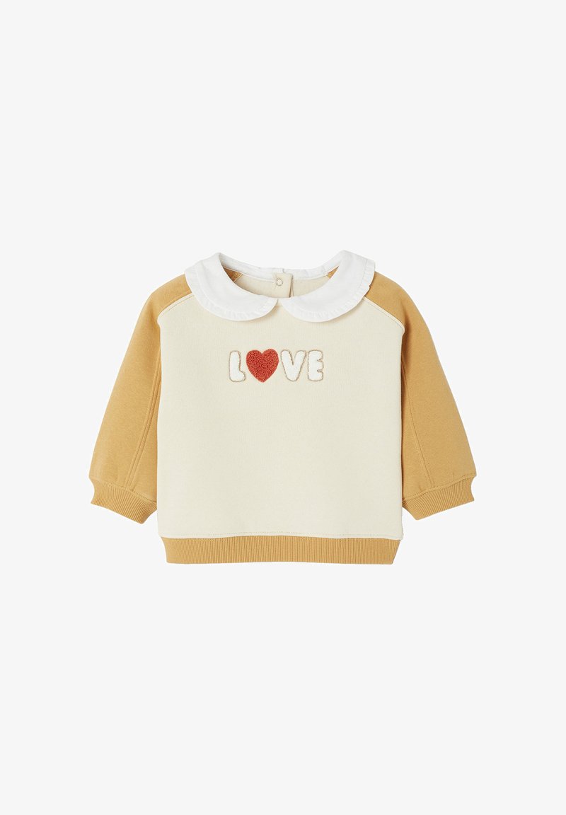 Cream sweatshirt with yellow sleeves, white collar, and embroidered "LOVE" in red and beige. Ribbed cuffs and hem. Soft fabric texture.