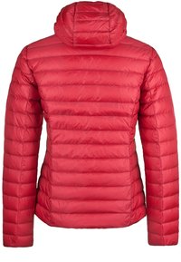 Veste matelassée rouge avec capuche. Présente une texture matelassée et une coupe ajustée. Le matériau semble léger avec une surface lisse et brillante.