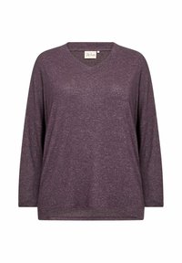 Laza v-nyakú, hosszú ujjú felső tompa lila árnyalatban. Puha, texturált anyag, kényelmes, laza fazonnal és oldalsó hasítékokkal az alján a még nagyobb kényelem érdekében.