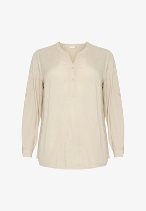 Beige pika varrukatega pluus kergest kangast, millel on seisva krae, nööpide rida ja üleskeeratavad varrukad. Sile tekstuur ja mugav lõige.