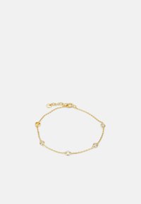 Bracciale in oro con accenti di cristallo circolari. Il design presenta una delicata catena e una chiusura a gancio.