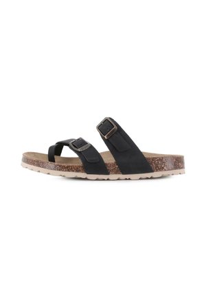 Sandalia negra con dos tiras ajustables con hebilla, plantilla de corcho y suela beige clara, vista de lado sobre fondo blanco.