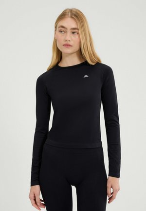 Zwart sportshirt met lange mouwen, gemaakt van vochtregulerende stof, met een ronde halslijn en een subtiele logo op de borst. Gladde textuur.