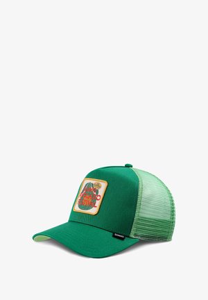 Grüne Trucker-Cap mit Netzrücken, vorderes Patch mit Avocado-Grafik und dem Text "Djinns Avocado Festival."
